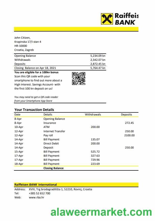 Croatia Raiffeisen Bank statement easy to fill template in .xls and .pdf file format